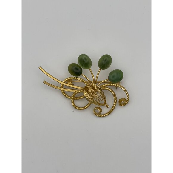 Vintage 4 Faux Jade Gold Tone Brooch 2.5" - Picture 1 of 6